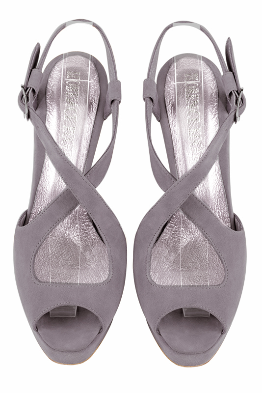 Lilac purple women's open back sandals, with crossed straps. Round toe. Very high slim heel with a platform at the front. Top view - Florence KOOIJMAN